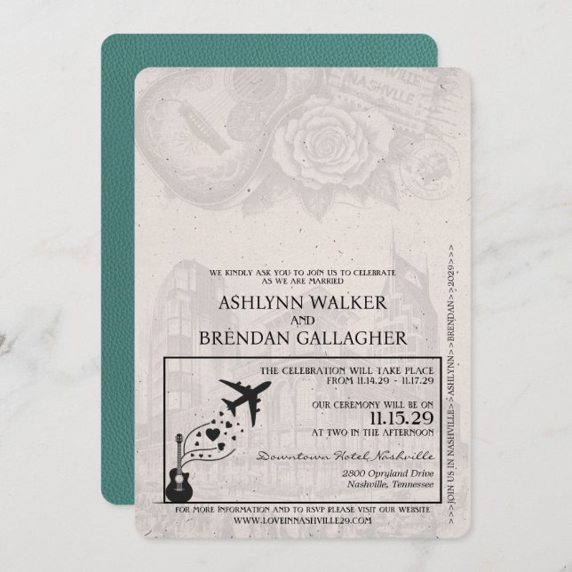 Aqua Nashville Passport Wedding Invitation (Front/Back)
