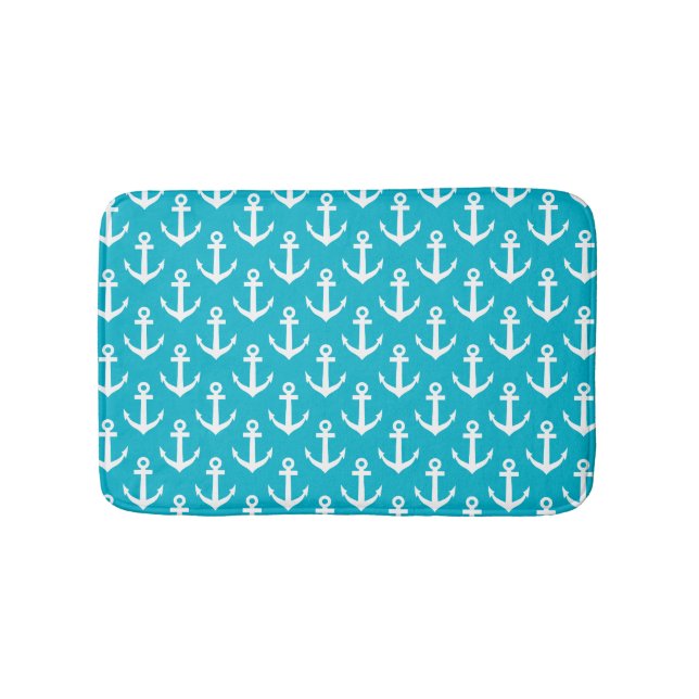 Aqua nautical boat anchor print non slip bath mat (Front)