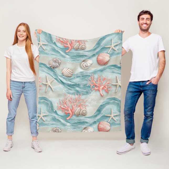 Aqua Nautical Starfish Seashell Pattern Fleece Blanket (In Situ)