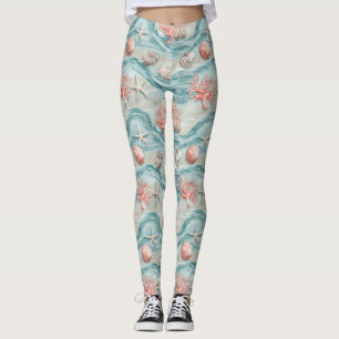 Aqua Nautical Starfish Seashell Pattern Leggings