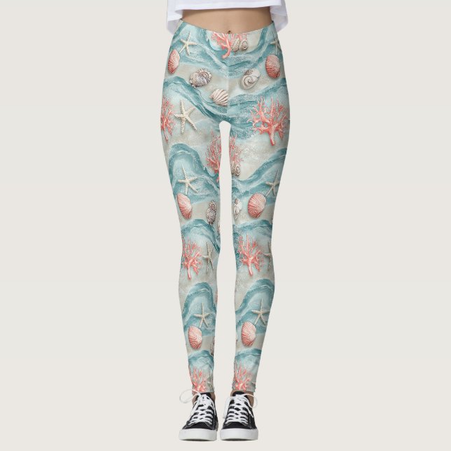 Aqua Nautical Starfish Seashell Pattern Leggings (Front)