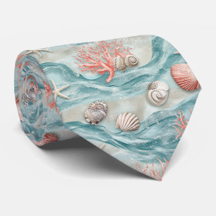 Aqua Nautical Starfish Seashell Pattern Tie