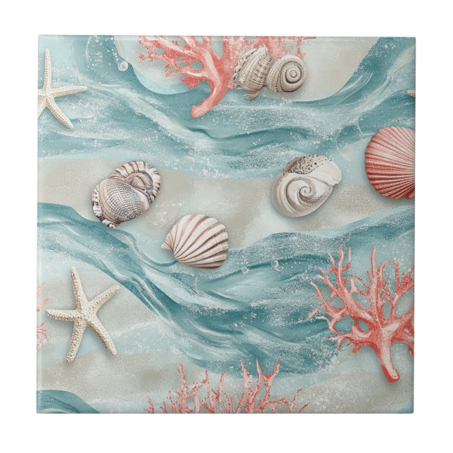 Aqua Nautical Starfish Seashell Pattern Tile (Front)