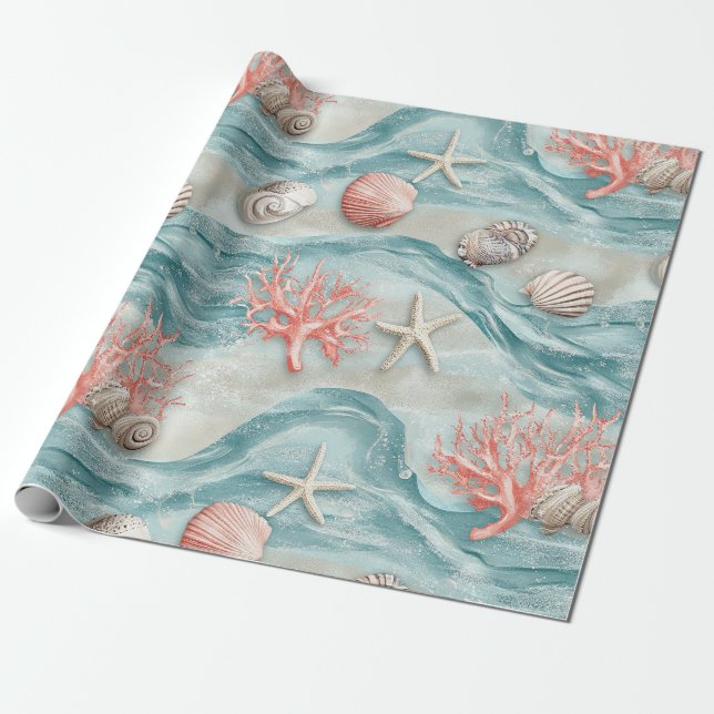 Aqua Nautical Starfish Seashell Pattern Wrapping Paper (Unrolled)