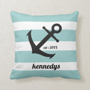 Aqua Nautical Stripes Anchor Family Name Throw Pillow