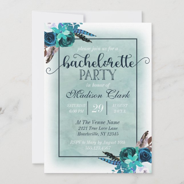 Aqua & Navy Blue Bachelorette Party Invitation (Front)