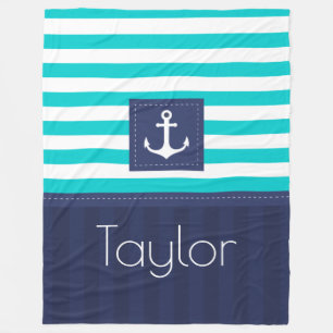 Aqua Navy Blue Nautical Stripes Anchor Design Fleece Blanket
