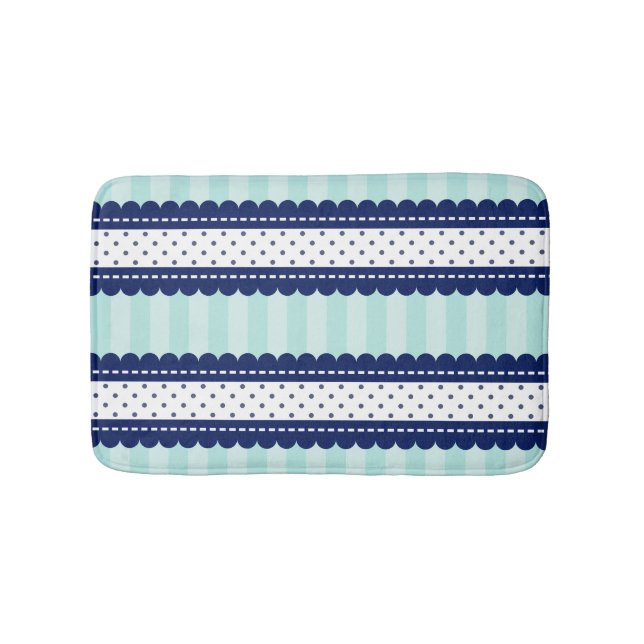 Aqua Navy Blue Stripes And Polka Dots Pattern Thro Bath Mat (Front)