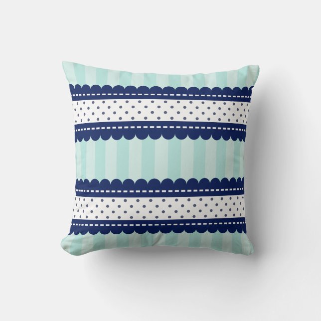Aqua  Navy Blue Stripes And Polka Dots Pattern Throw Pillow (Front)