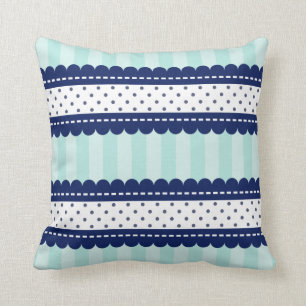 Aqua Navy Blue Stripes And Polka Dots Pattern Throw Pillow