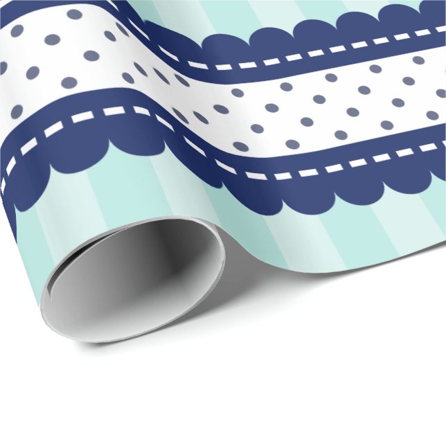 Aqua Navy Blue Stripes And Polka Dots Pattern Wrapping Paper (Roll Corner)