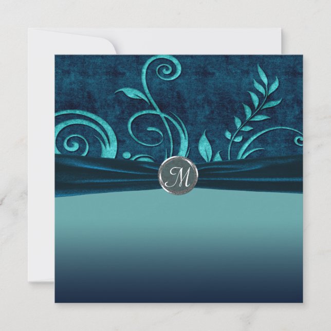 Aqua & Navy Blue Velvet Wedding Swirl Invitation (Front)