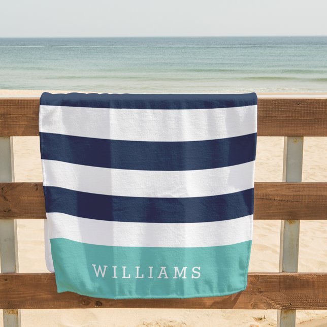 Aqua & Navy Stripe Personalized Beach Towel (Creator Uploaded)