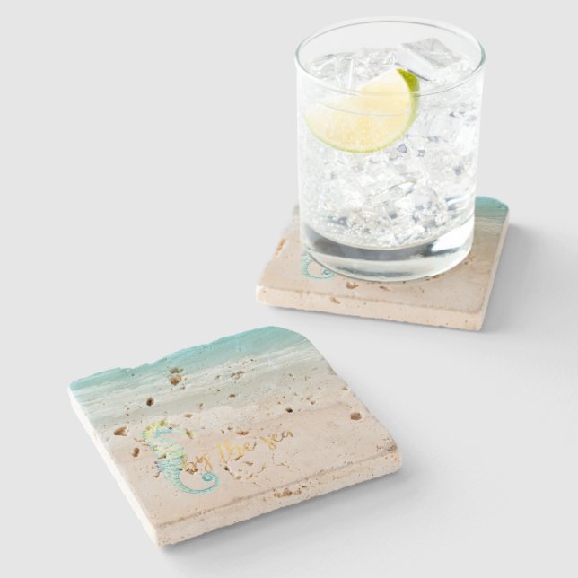 Aqua Ocean Beach Vibes Seahorse Stone Coaster (Side)