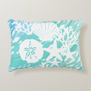 Aqua Ocean Seashells Fish Coral  Accent Pillow
