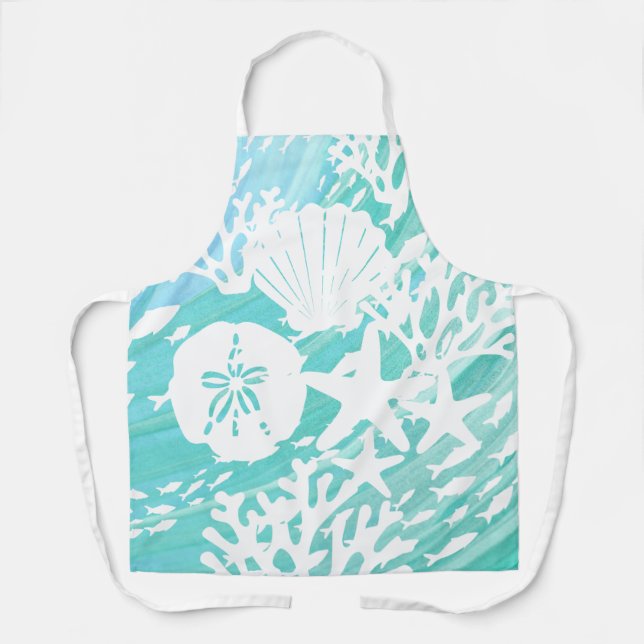 Aqua Ocean Seashells Fish Coral  Apron (Front)