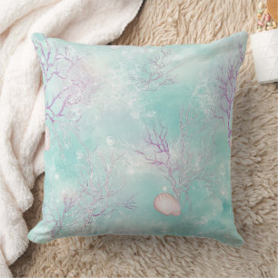 Aqua Ocean Waves & Seashell Pattern (16) Throw Pillow