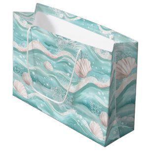 Aqua Ocean Waves & Seashell Pattern Large Gift Bag