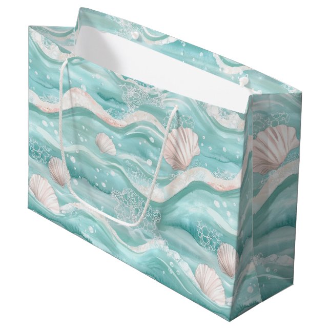 Aqua Ocean Waves & Seashell Pattern Large Gift Bag (Front Angled)