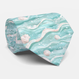 Aqua Ocean Waves & Seashell Pattern Tie