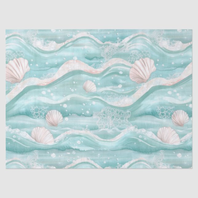 Aqua Ocean Waves & Seashell Pattern Tissue Paper (Front)
