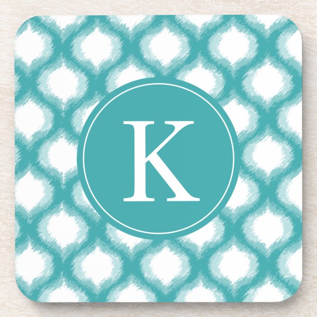 Aqua Ogee Ikat Pattern Monogram Coaster (Front)