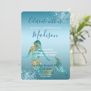 Aqua Ombre Gold Glitter Sparkle Mermaid Invitation