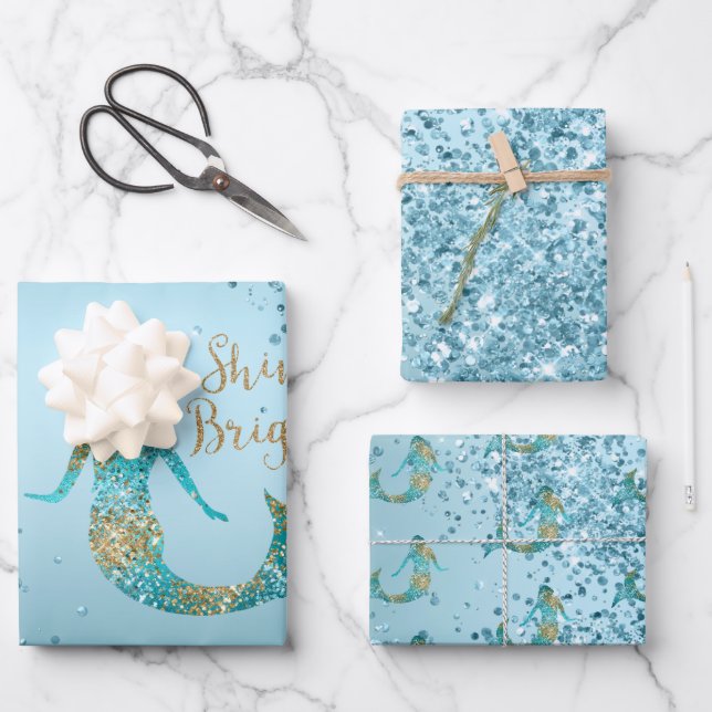 Aqua Ombre Gold Glitter Sparkle Mermaid  Wrapping Paper Sheet (Front)