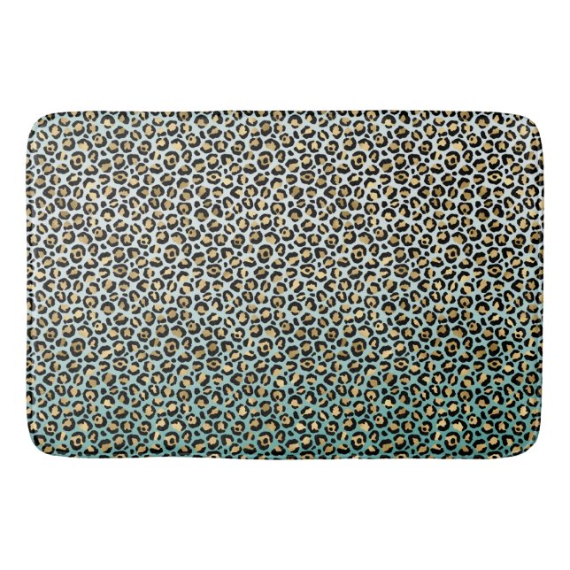 Aqua Ombre Gold Leopard Print Bath Mat (Front)