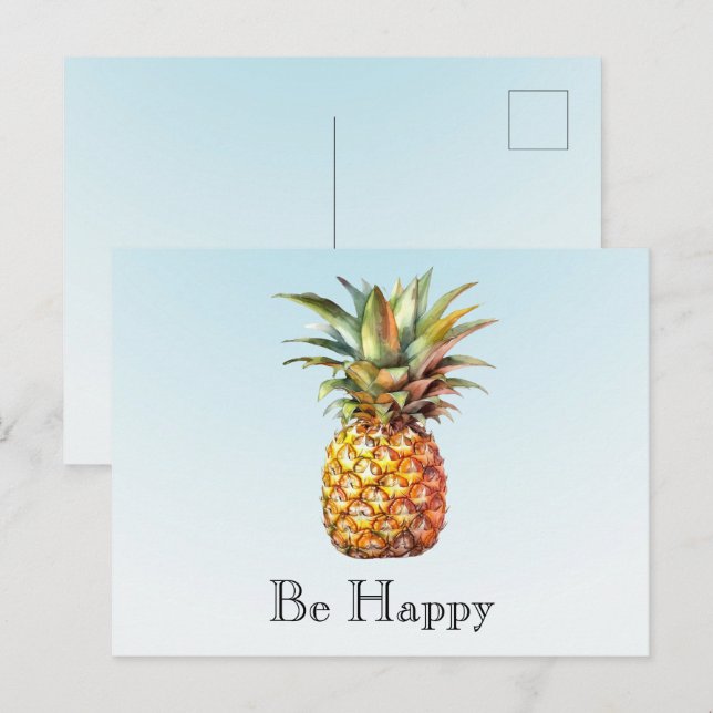Aqua Ombre Happy Tropical Pineapple Postcard (Front/Back)