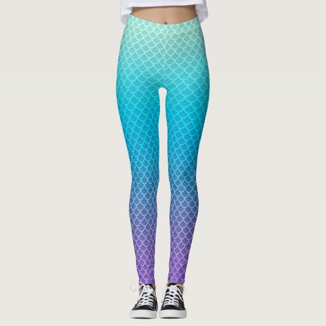 Aqua Ombre Mermaid Pattern Leggings (Front)