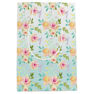 Aqua Ombre Pink Yellow Floral Medium Gift Bag
