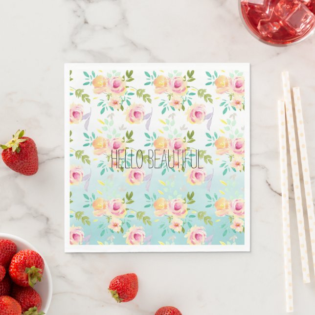 Aqua Ombre Pink Yellow Floral Napkin (Insitu)