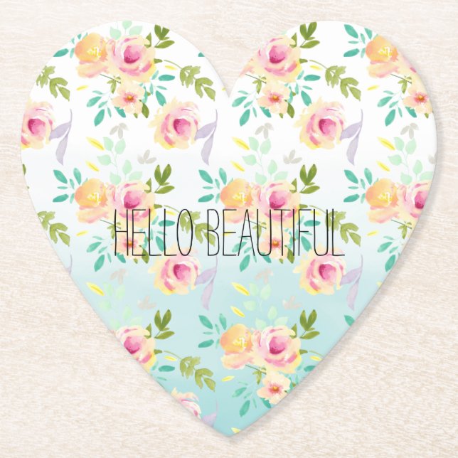 Aqua Ombre Pink Yellow Floral Paper Coaster (Front)