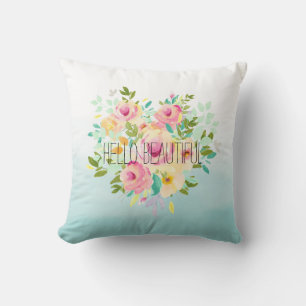 Aqua Ombre Pink Yellow Floral Throw Pillow