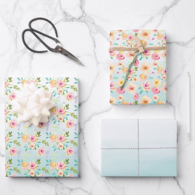 Aqua Ombre Pink Yellow Floral Wrapping Paper Sheet (Front)
