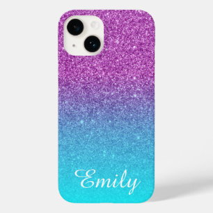 Aqua Ombre Purple Glitter Personalized Case-Mate iPhone 14 Case