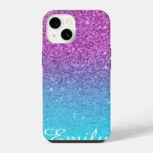 Aqua Ombre Purple Glitter Personalized iPhone 14 Case
