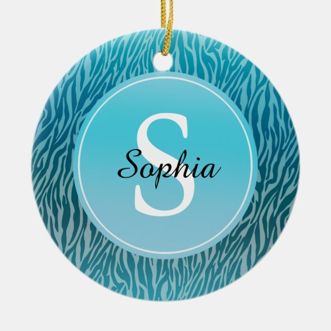Aqua Ombre Zebra Print Monogram Ceramic Ornament (Front)