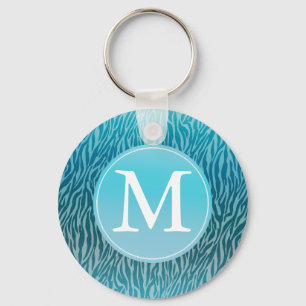 Aqua Ombre Zebra Print Monogram Keychain
