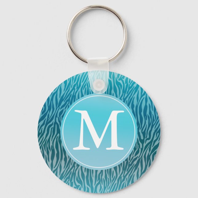Aqua Ombre Zebra Print Monogram Keychain (Front)