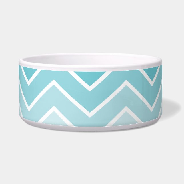 Aqua Ombre Zig Zag Chevron Pattern Pet Bowls (Front)