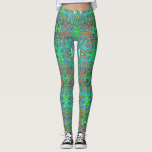 Aqua, Orange and Green Groovy Abstract Retro Art Leggings