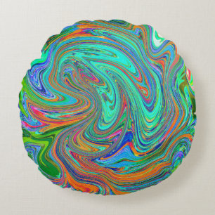 Aqua, Orange and Green Groovy Abstract Retro Art Round Pillow