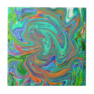 Aqua, Orange and Green Groovy Abstract Retro Art Tile