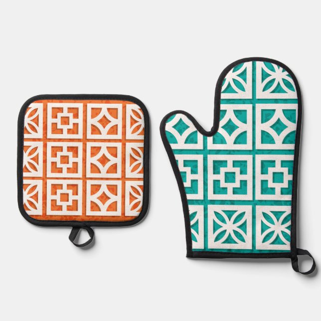 Aqua + orange Breeze Blocks, Oven Mitt / Hot Pot Oven Mitt & Pot Holder Set (Front)