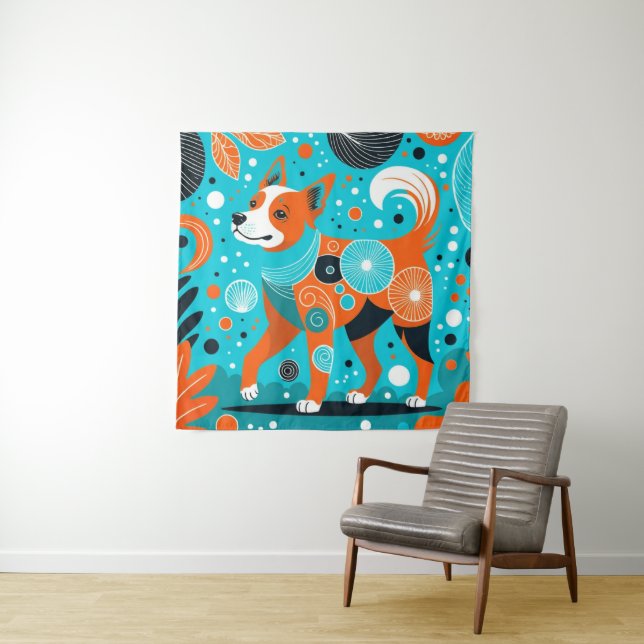 Aqua-Orange Canine Tapestry (In Situ)