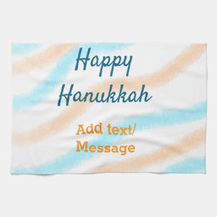Aqua orange happy Hanukkah add name text message Kitchen Towel