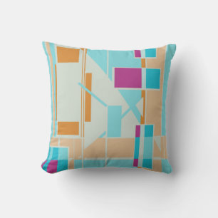 Aqua Orange Off-White Magenta Geometric Art Motif Throw Pillow