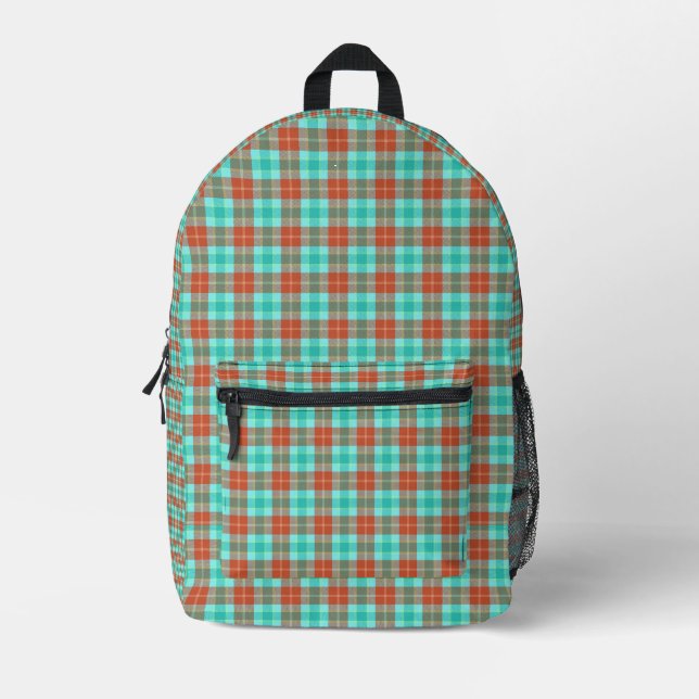 aqua orange plaid printed backpack (Front)